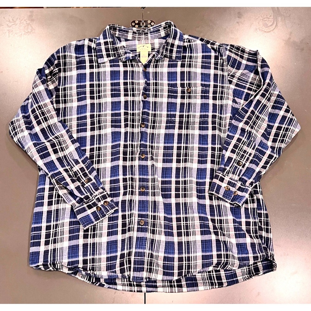 Blue Mountain Plaid Button Down Mens XLT Blue Good Flannel Cotton Long Sleeve